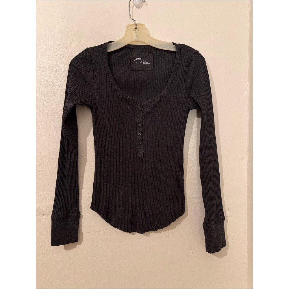 aerie Dark Gray Ribbed Henley Long Sleeve Top with Scoop Neck